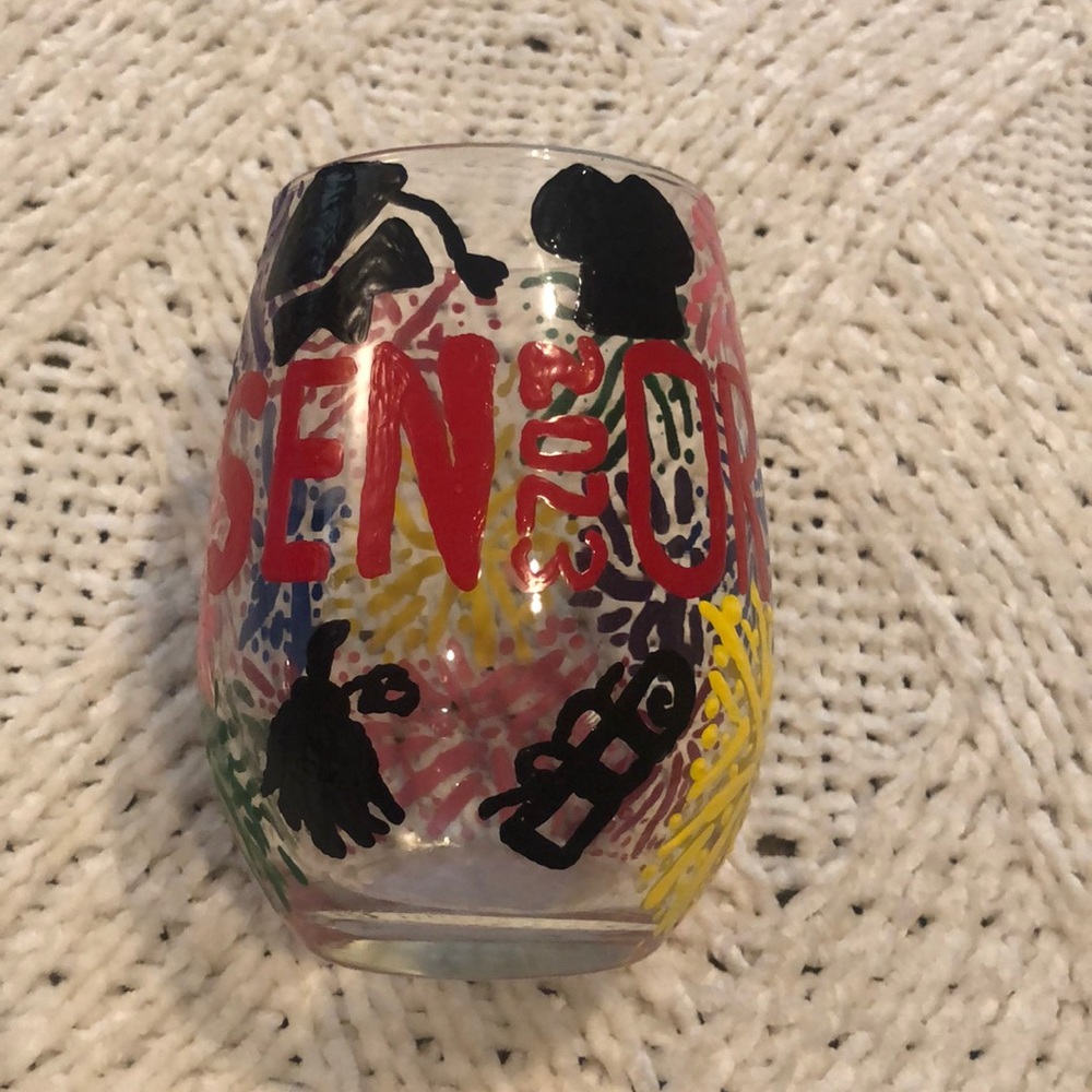 Hand Painted Rainbow Senior 2023 Fireworks Glass Cup.